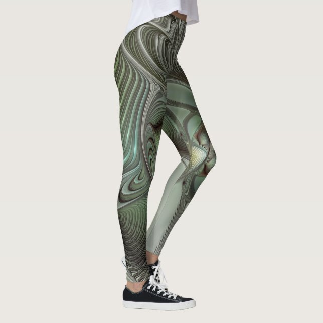 Abstrakt Oliv grönt Grått Fractal Art Fantasy Leggings (Höger)