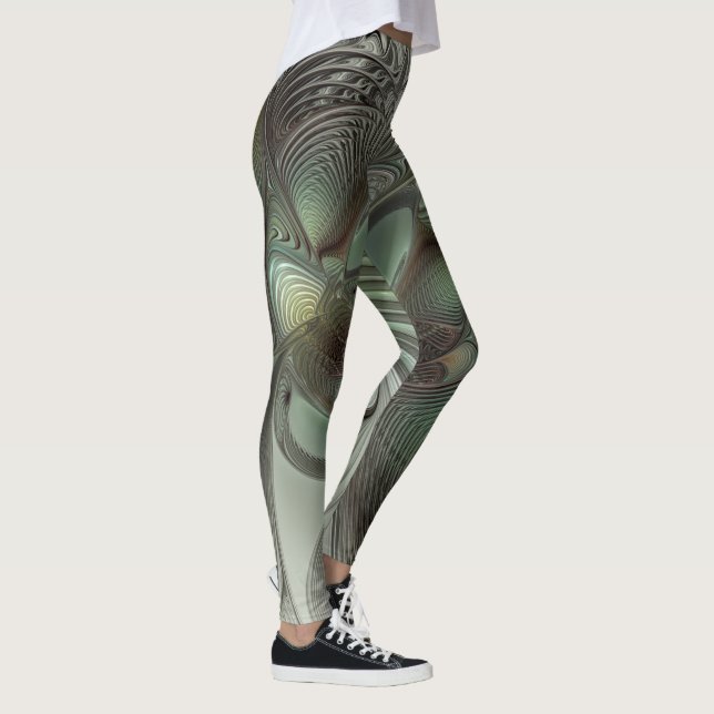 Abstrakt Oliv grönt Grått Fractal Art Fantasy Leggings (Höger)