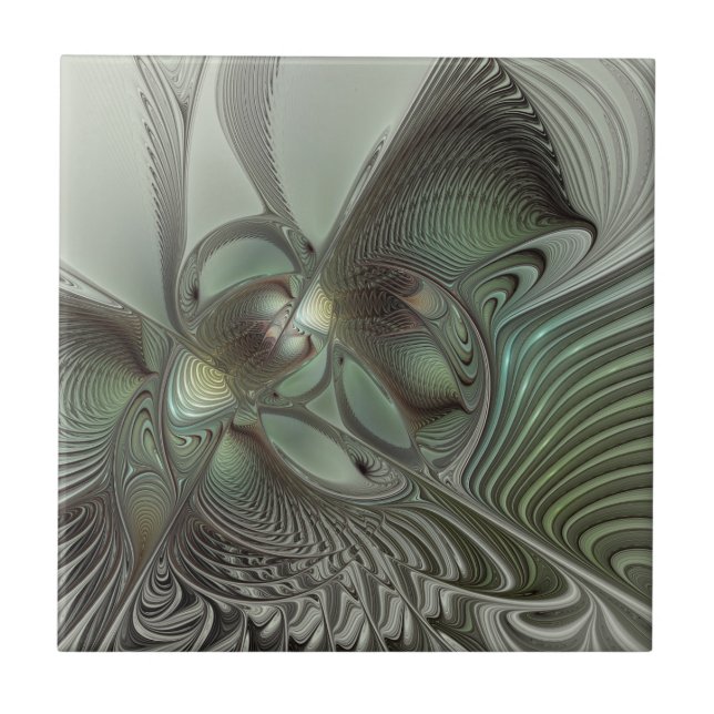Abstrakt Olive Sage Grönt Grått Fractal Art Fantas Kakelplatta (Framsidan)