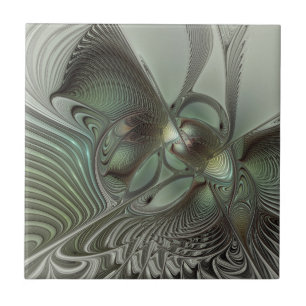 Abstrakt Olive Sage Grönt Grått Fractal Art Fantas Kakelplatta