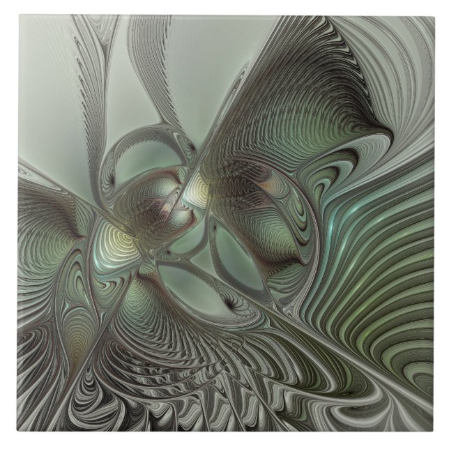 Abstrakt Olive Sage Grönt Grått Fractal Art Fantas Kakelplatta (Framsidan)