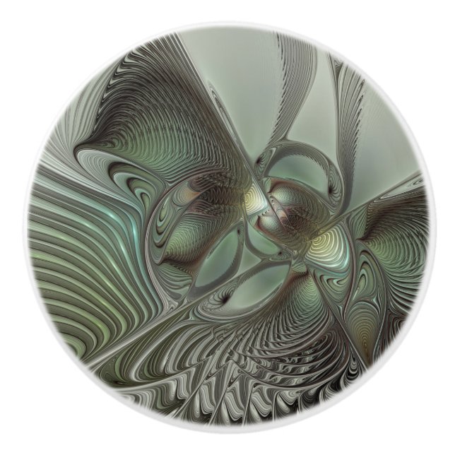 Abstrakt Olive Sage Grönt Grått Fractal Art Fantas Knopp (Framsidan)