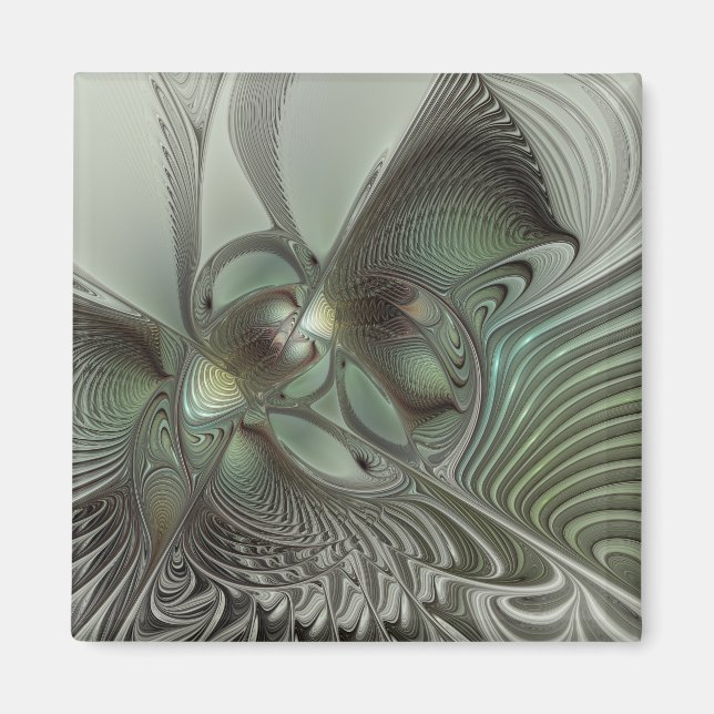 Abstrakt Olive Sage Grönt Grått Fractal Art Fantas Magnet (Framsidan)