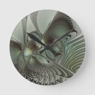 Abstrakt Olive Sage Grönt Grått Fractal Art Fantas Rund Klocka