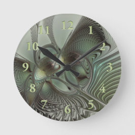 Abstrakt Olive Sage Grönt Grått Fractal Art Fantas Rund Klocka
