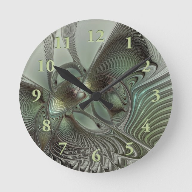 Abstrakt Olive Sage Grönt Grått Fractal Art Fantas Rund Klocka (Framsida)
