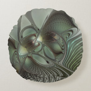 Abstrakt Olive Sage Grönt Grått Fractal Art Fantas Rund Kudde