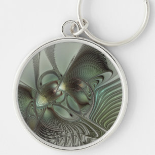 Abstrakt Olive Sage Grönt Grått Fractal Art Fantas Rund Silverfärgad Nyckelring