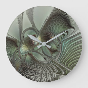 Abstrakt Olive Sage Grönt Grått Fractal Art Fantas Stor Klocka