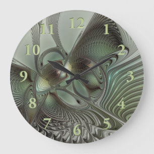 Abstrakt Olive Sage Grönt Grått Fractal Art Fantas Stor Klocka