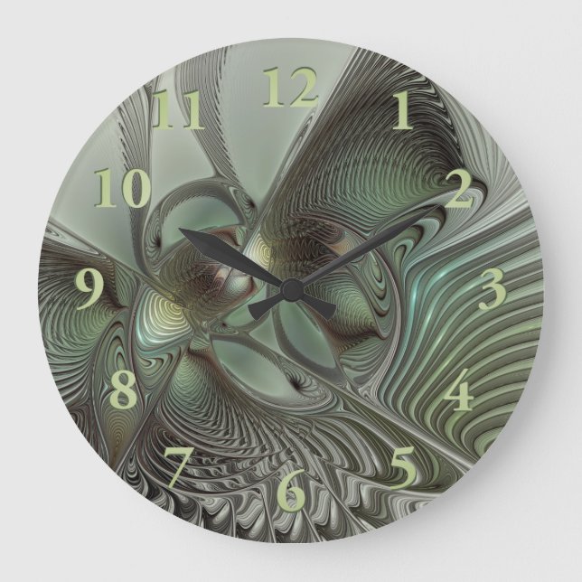 Abstrakt Olive Sage Grönt Grått Fractal Art Fantas Stor Klocka (Framsida)