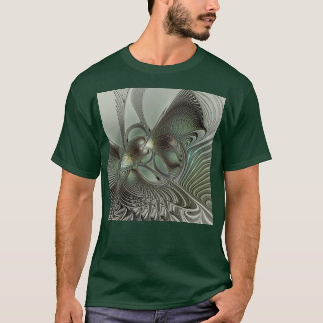 Abstrakt Olive Sage Grönt Grått Fractal Art Fantas T Shirt (Framsida)