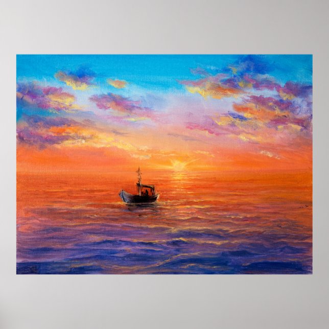 abstrakt oljemålning av fiskefartyg och hav på poster (Framsidan)