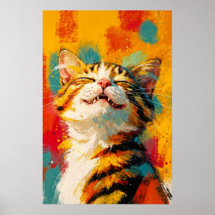 Abstrakt oljemålning av glad leende tabbykatt poster