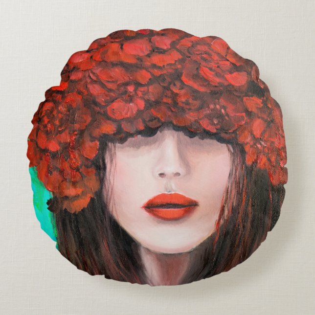 Abstrakt oljemålning som visar kvinna ansikte och  rund kudde (Framsidan)
