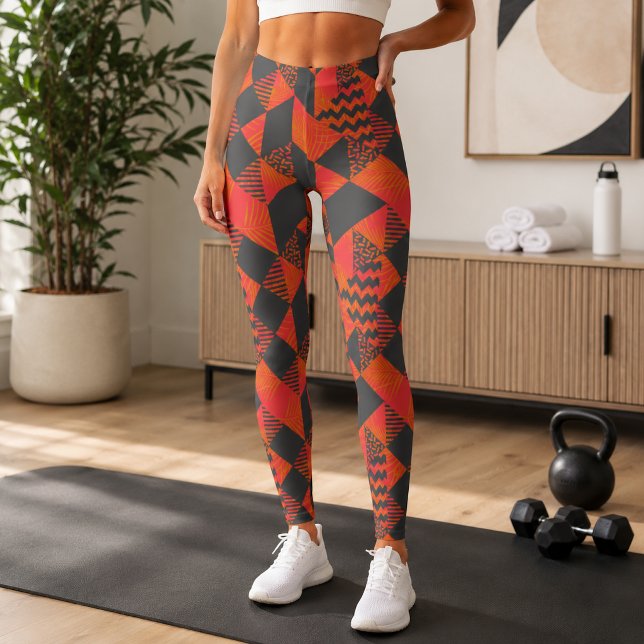 Abstrakt Orange Grå Geometrisk Monogram Leggings (Skapare uppladdad)