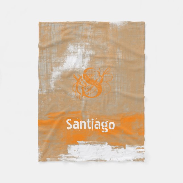 Abstrakt orange grått vit Ditt namn Monogram Fleecefilt (Framsidan)