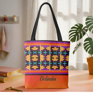 Abstrakt Orange, Lila, Gul & Blå Tribal Tote Tygkasse