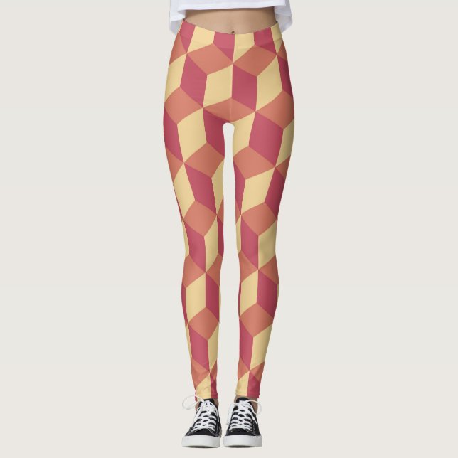 Abstrakt Orange Red Cube Mönster Leggings (Framsida)