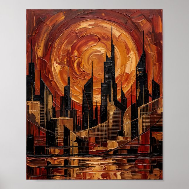 Abstrakt Orange Solvirvel Stad Palettkniv  Poster (Framsidan)