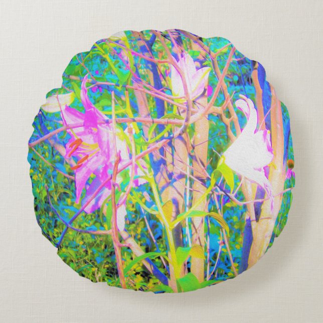 Abstrakt Oriental Lilies in My Rubio Garden Rund Kudde (Framsidan)