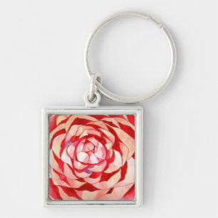 Abstrakt original konstmålning med rosa kamelia fyrkantig silverfärgad nyckelring