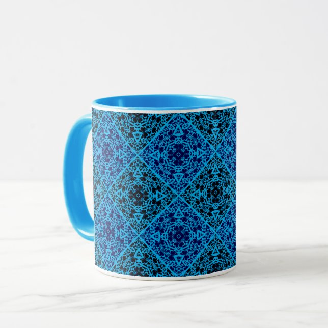 Abstrakt ornamental dekorativ dekoration blå svart mugg (Framsida vänster)