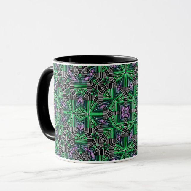 Abstrakt ornamenterad randig randig grön mörk folk mugg (Framsida vänster)