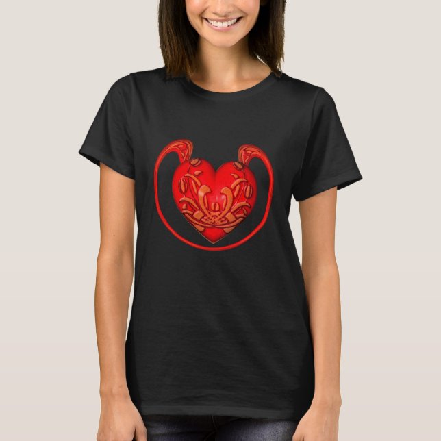 Abstrakt Ornate Red Heart T Shirt (Framsida)
