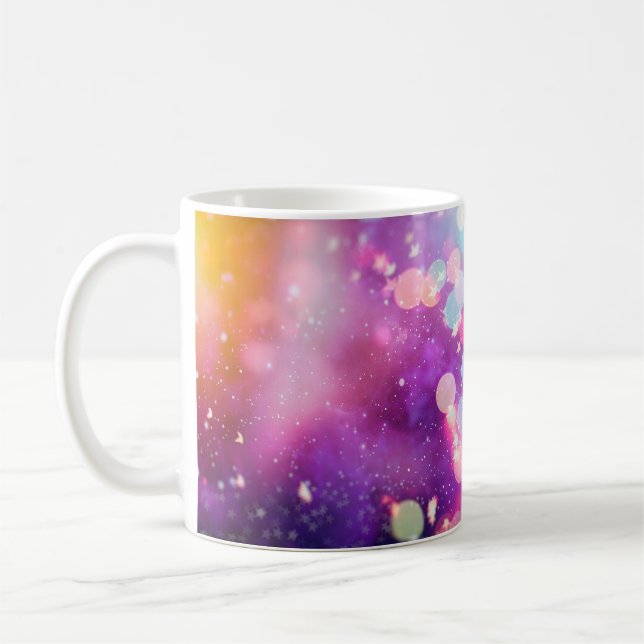 Abstrakt oskarp av blåa och silver glittrande shi kaffemugg (Vänster)
