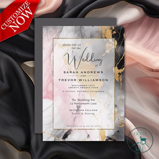 Abstrakt Paint Black Guld Ro Rosa Inbjudningar (Easy to Personalize Template)