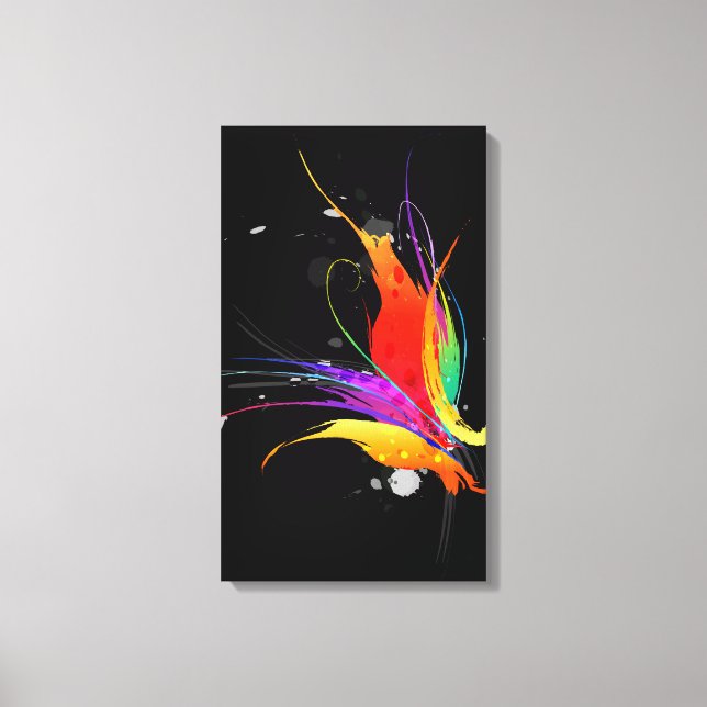 Abstrakt Paint Splatter Bird of Paradise on Black Canvastryck (Framsida)