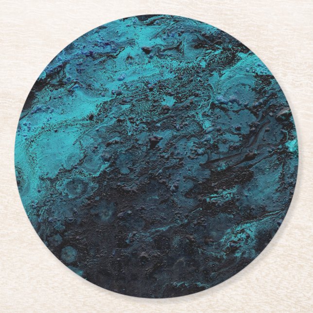 Abstrakt Painting Blue Black Textured Planet Underlägg Papper Rund (Framsidan)