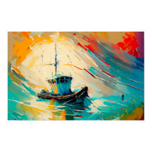 Abstrakt Painting of Shrimp Boat i en stor våg.