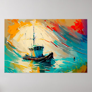 Abstrakt Painting of Shrimp Boat i en stor våg. Poster