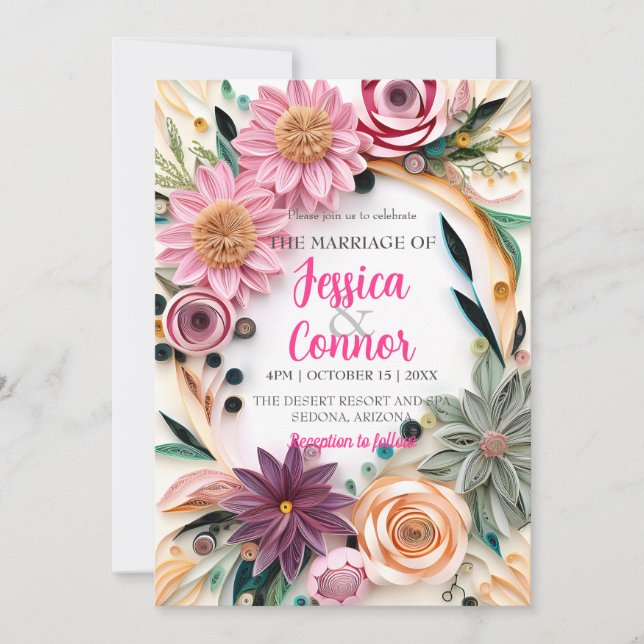 Abstrakt Papper Quilling Blommigt Bröllop Greenery Inbjudningar (Framsida)