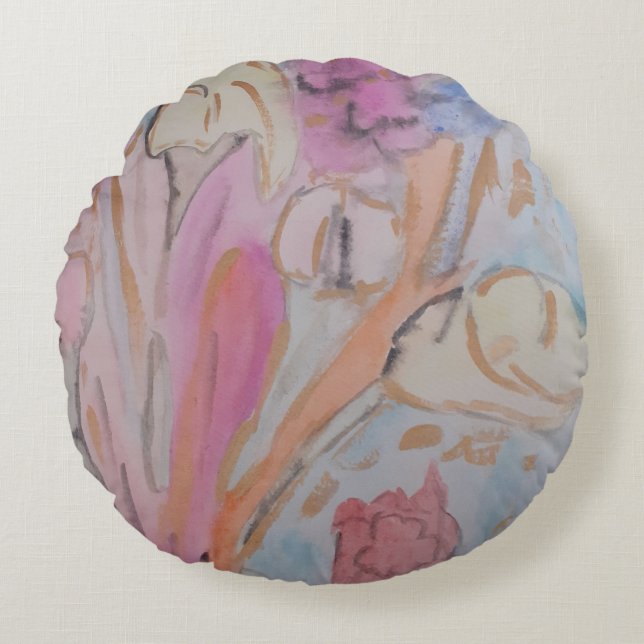 Abstrakt Pastel-Blommigt Rund Kudde (Framsidan)