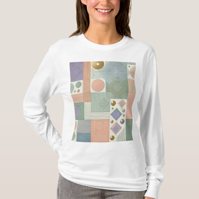 Abstrakt Pastel Geometric Design T-Shi med lång Sl T Shirt (Framsida)