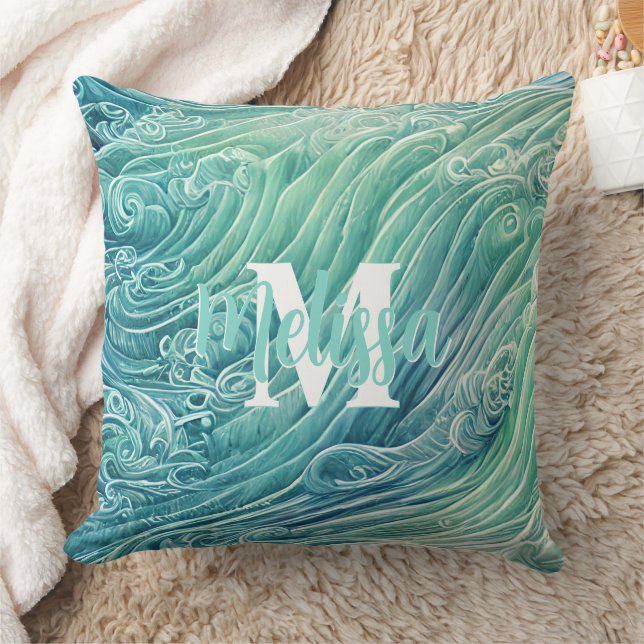 Abstrakt Pastel Ocean Vågar Monogram Kudde (Filt)