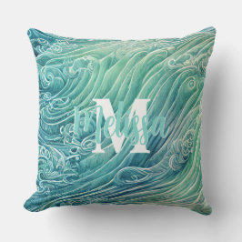Abstrakt Pastel Ocean Vågar Monogram Kudde