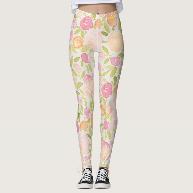 Abstrakt Pastel Vår Blommigt Design Leggings (Framsida)
