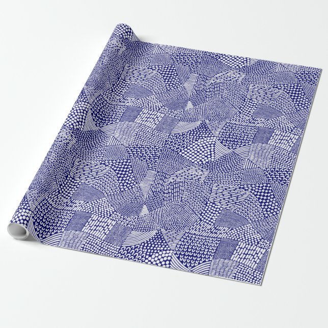 Abstrakt Patchwork Karta - White on Deep Navy Blue Presentpapper (Utrullad)