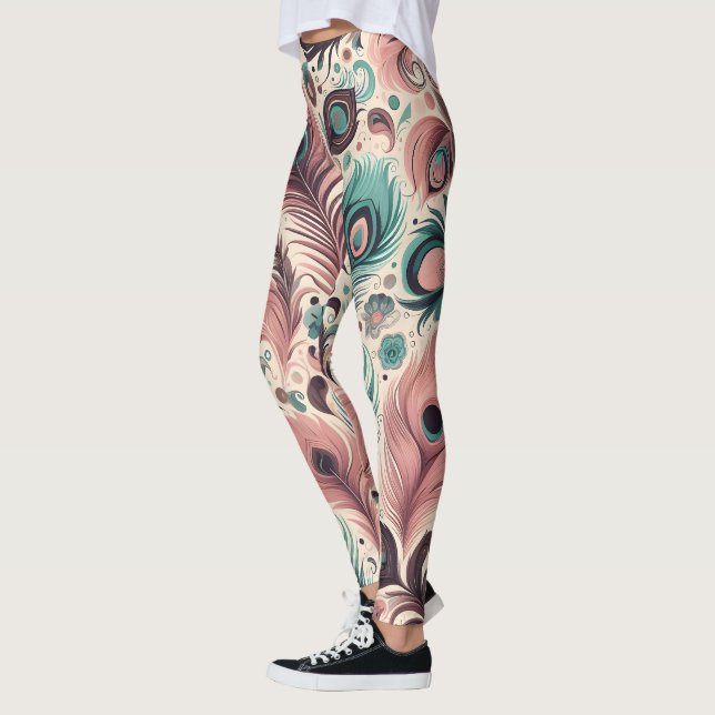 Abstrakt Peacock Feather Mönster Rosa Turcos Leggings (Vänster)