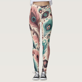 Abstrakt Peacock Feather Mönster Rosa Turcos Leggings