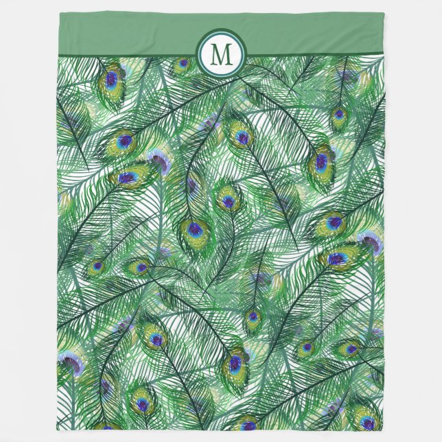Abstrakt Peacock Feathers Mönster Monogram Fleecefilt (Framsidan)