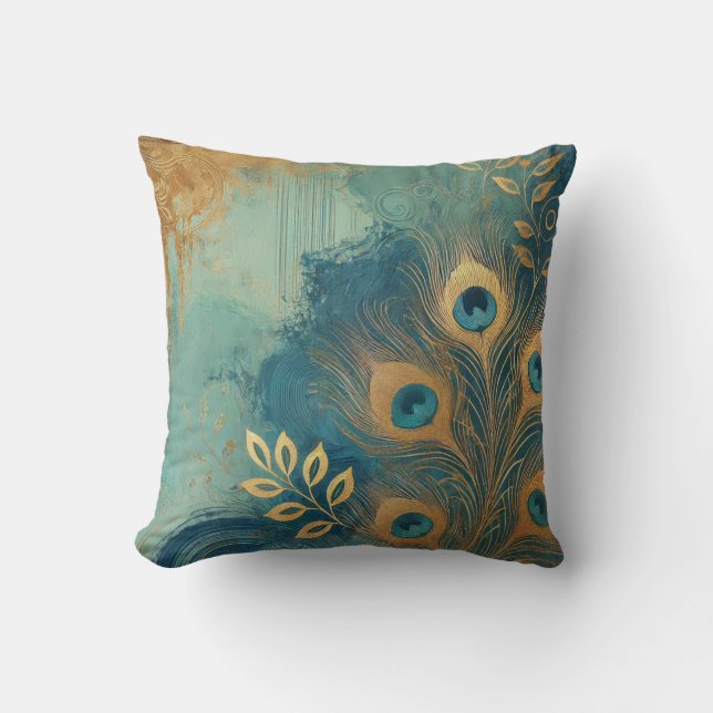 Abstrakt Peacock-golden löv-konst stil 17 Kudde (Framsida)