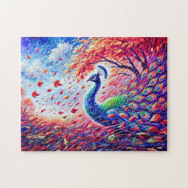 Abstrakt Peacock i höststormen i färglös olja Pussel (Horisontell)