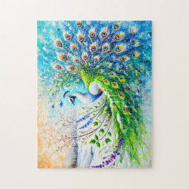 Abstrakt Peacock i Vår med Snö och blomma Pussel