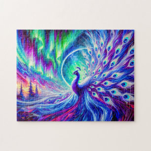 Abstrakt Peacock i vinter med norra Ljus Pussel