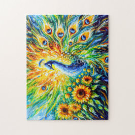 Abstrakt Peacock med solblommor i färgning Pussel